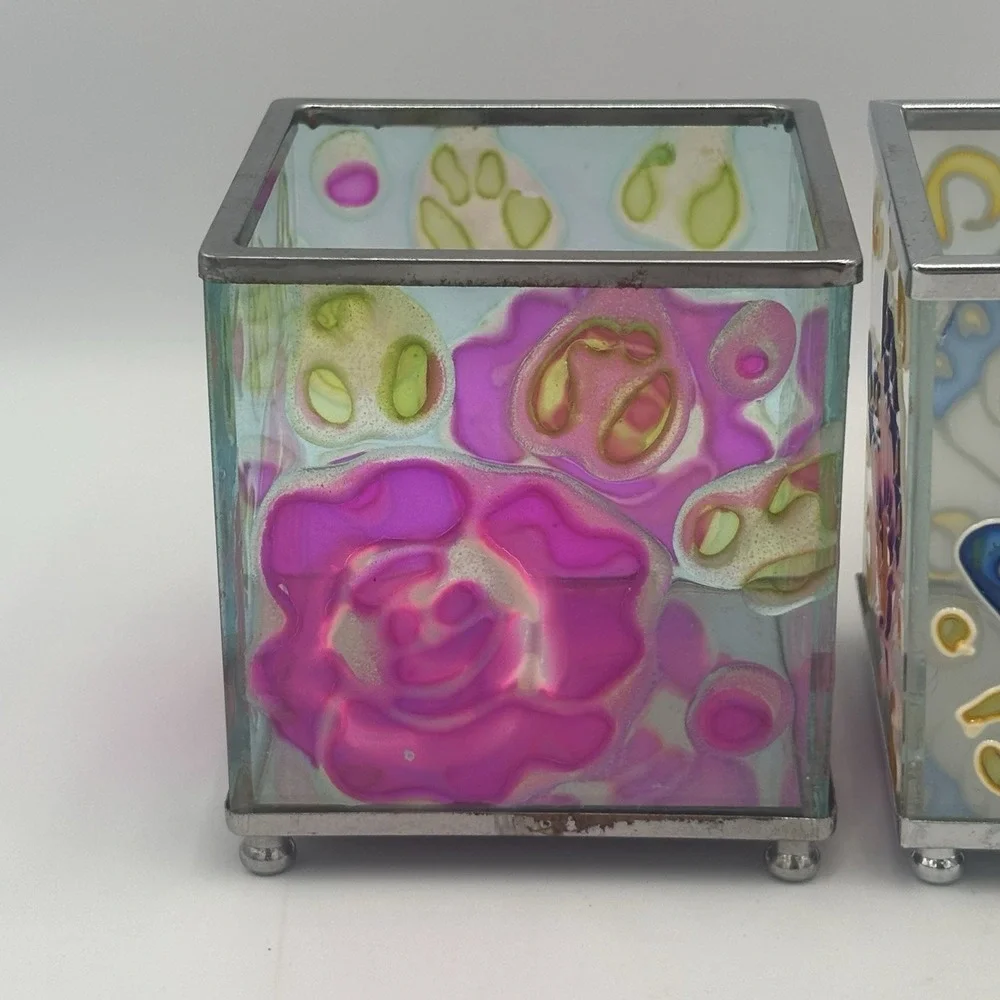Vintage Floral Butterfly Faux-Stained Glass Candle Votive Holder 3